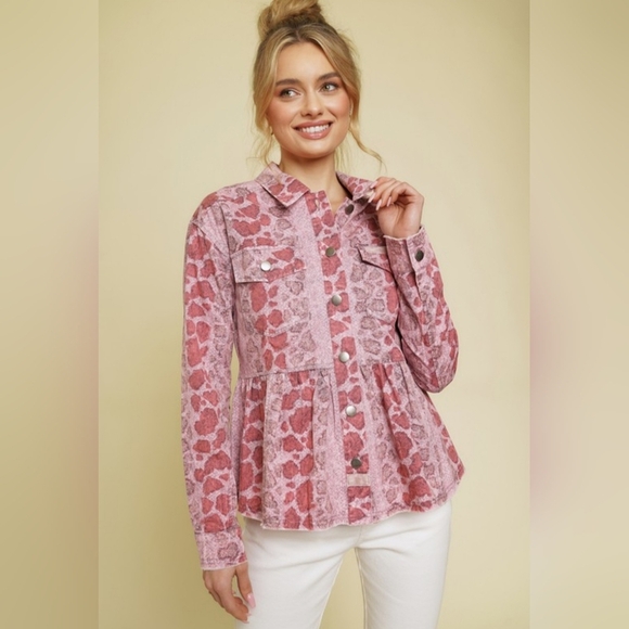 MYSTREE Pink Animal Print Button Down Jacket – Long Sleeve Utility Shacket Style - Picture 1 of 8